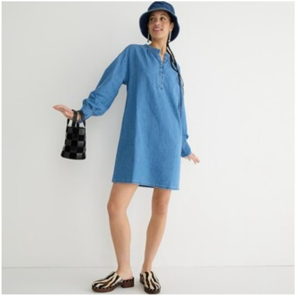 J. Crew Dress Womens 2X Blue Indigo Denim Button Up Shift Chambray New Casual - Picture 1 of 10